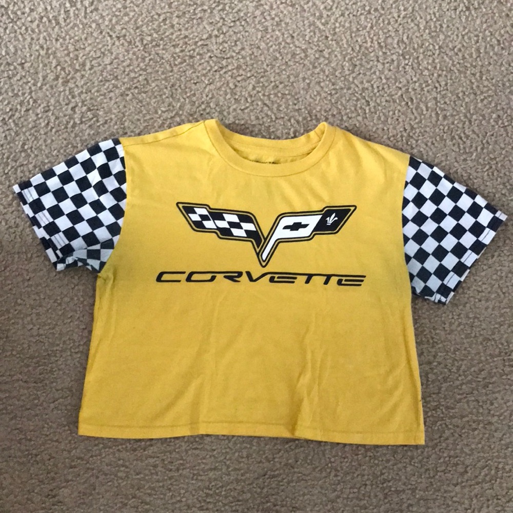 A yellow and checkered corvette crop top